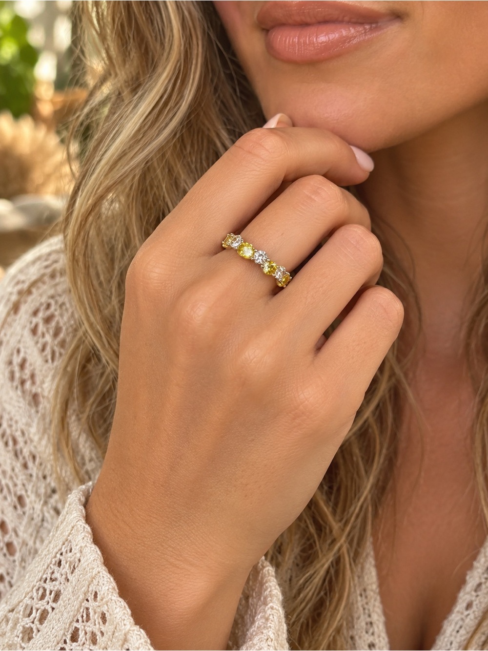 Open Adjustable Yellow & Clear Crystal Rhinestone Statement Ring - Picture 2 of 4